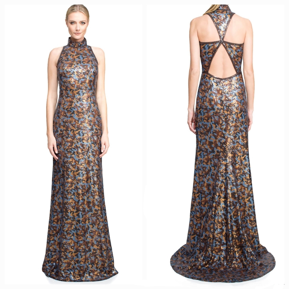 NWT Tadashi Shoji Gown 'Delilah' Sequin High Neck Low Back Cut Out Multicolor